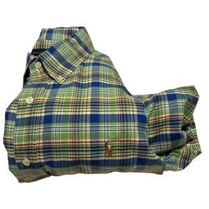 Ralph Lauren Oxford Button Down Shirt Men XL Green Blue Plaid Cotton Preppy